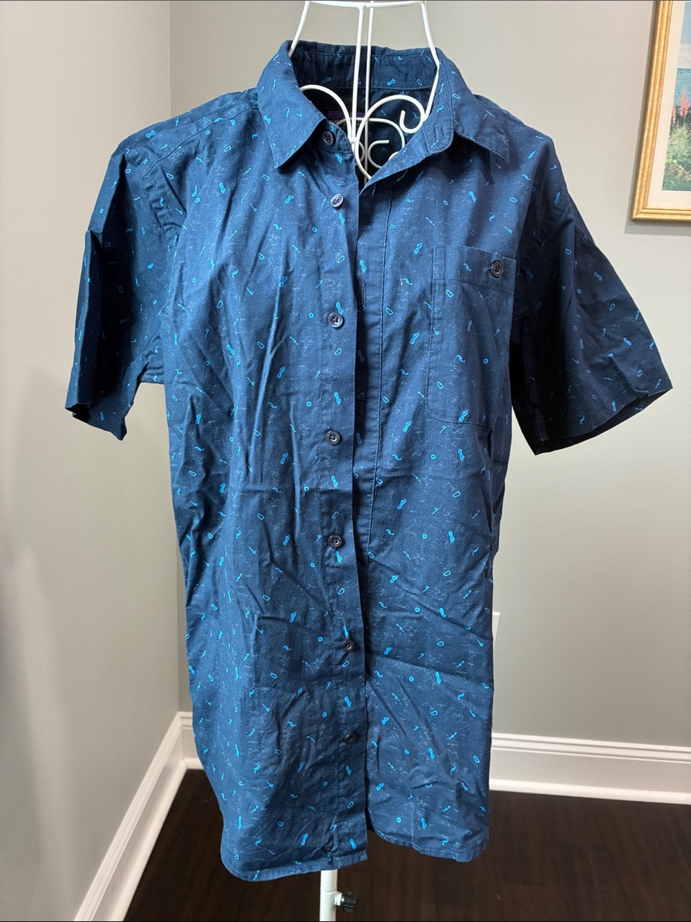 Patagonia Navy Short-Sleeve Button-Down with Aqua Print